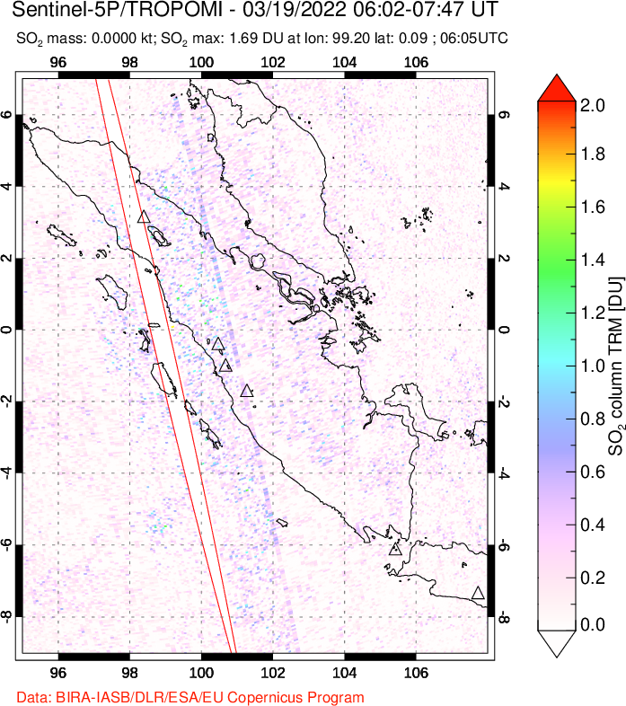 A sulfur dioxide image over Sumatra, Indonesia on Mar 19, 2022.