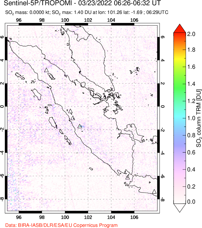 A sulfur dioxide image over Sumatra, Indonesia on Mar 23, 2022.