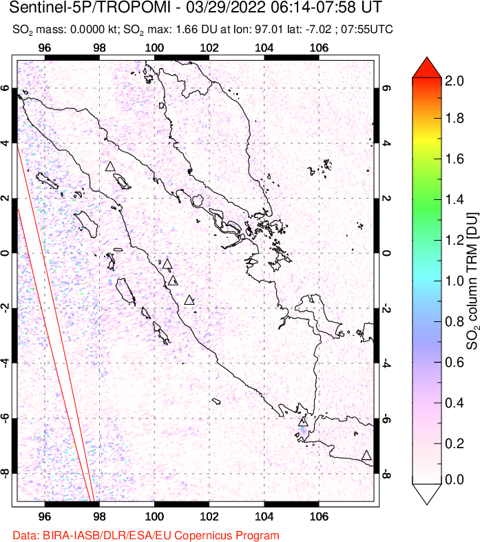 A sulfur dioxide image over Sumatra, Indonesia on Mar 29, 2022.