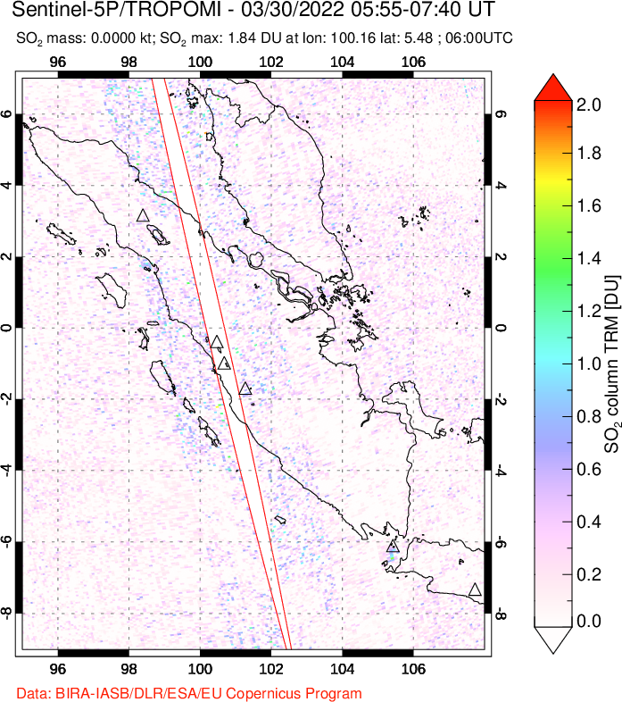 A sulfur dioxide image over Sumatra, Indonesia on Mar 30, 2022.