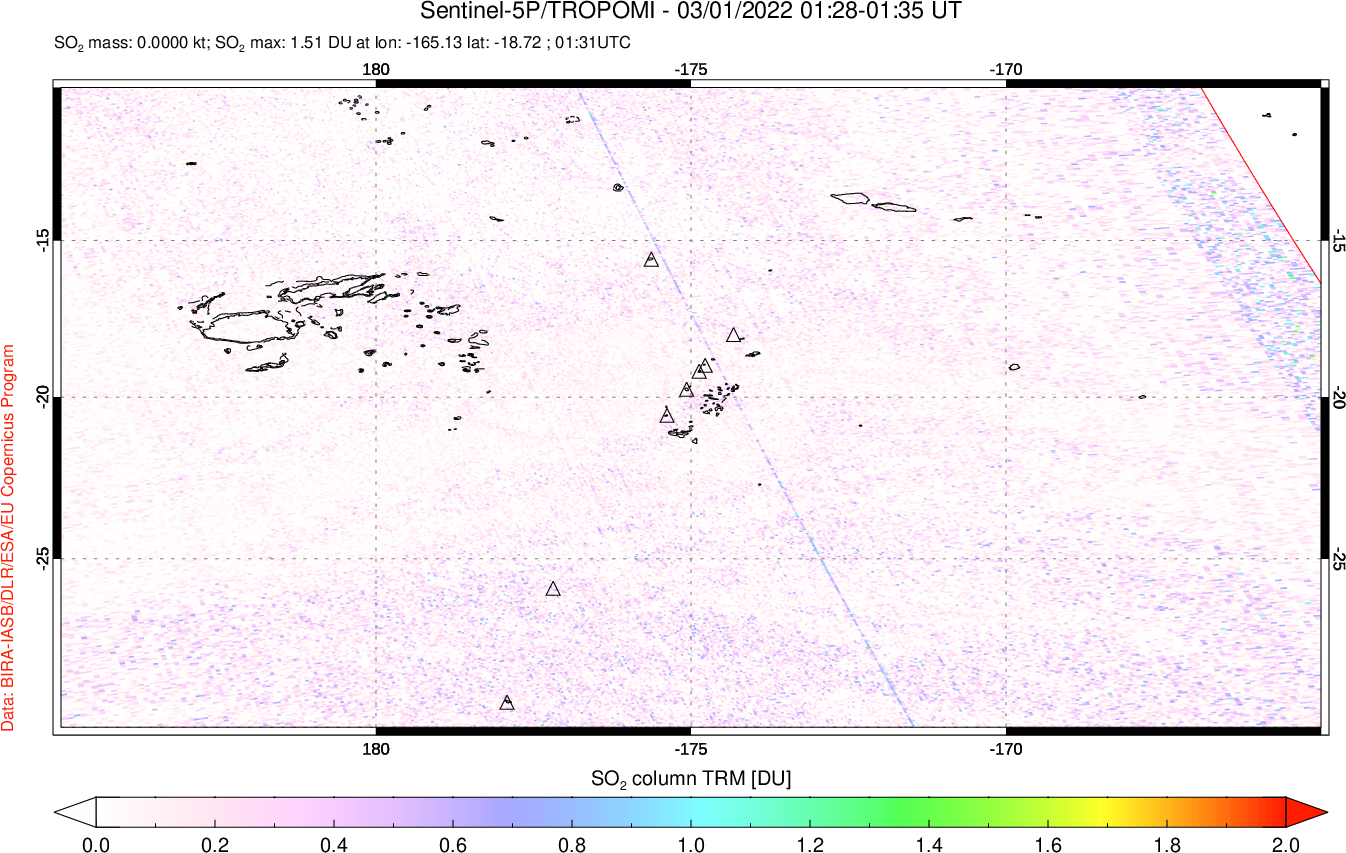 A sulfur dioxide image over Tonga, South Pacific on Mar 01, 2022.