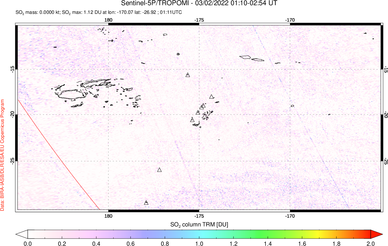 A sulfur dioxide image over Tonga, South Pacific on Mar 02, 2022.