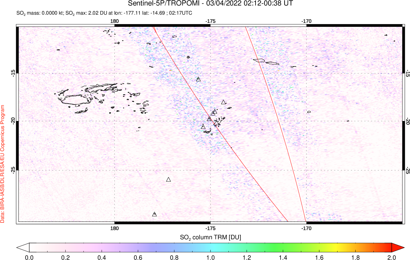 A sulfur dioxide image over Tonga, South Pacific on Mar 04, 2022.