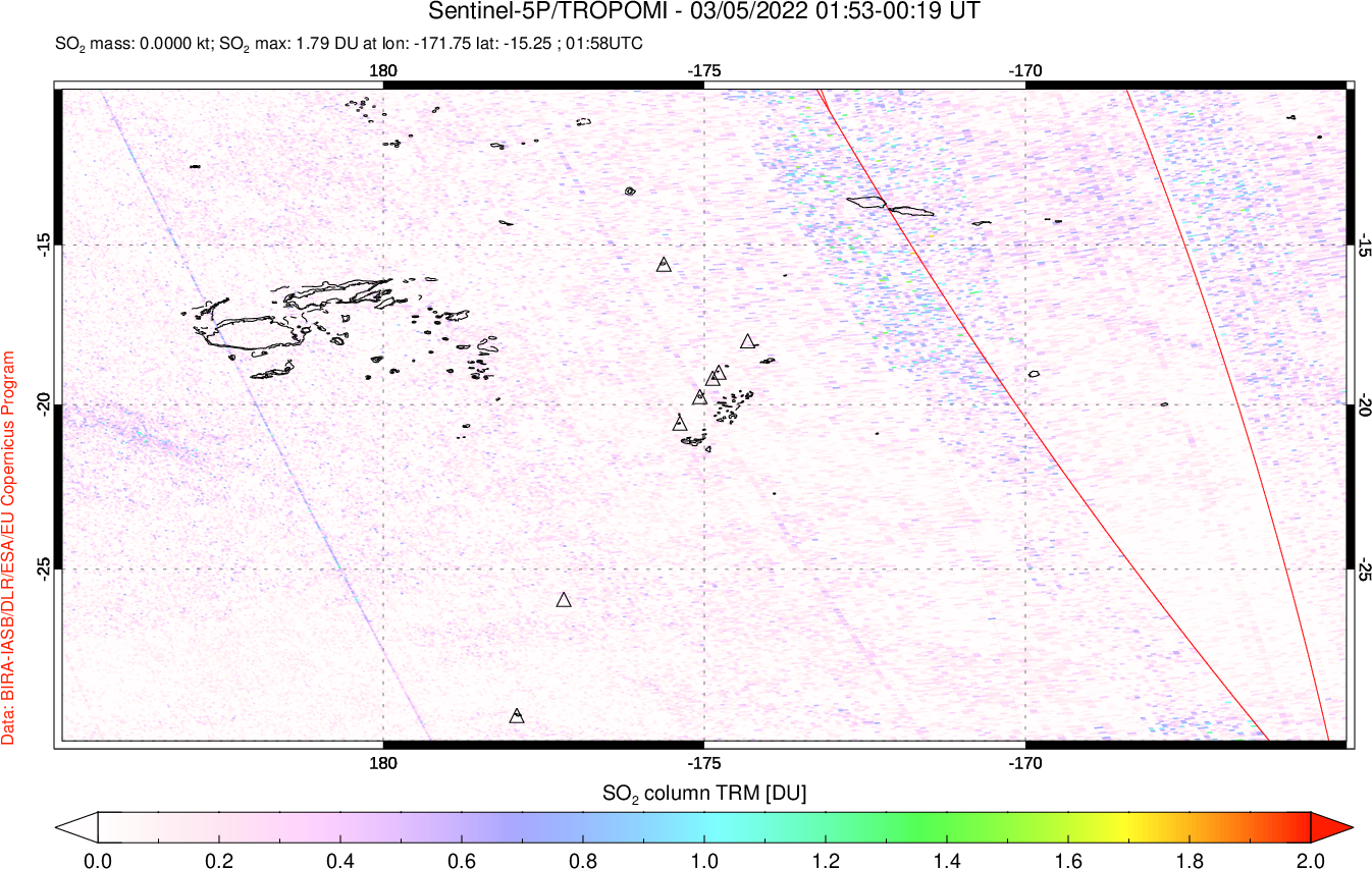 A sulfur dioxide image over Tonga, South Pacific on Mar 05, 2022.