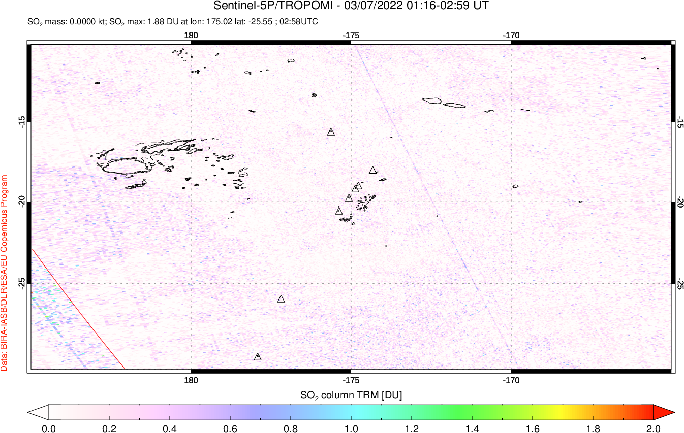 A sulfur dioxide image over Tonga, South Pacific on Mar 07, 2022.