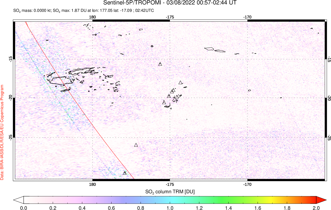 A sulfur dioxide image over Tonga, South Pacific on Mar 08, 2022.