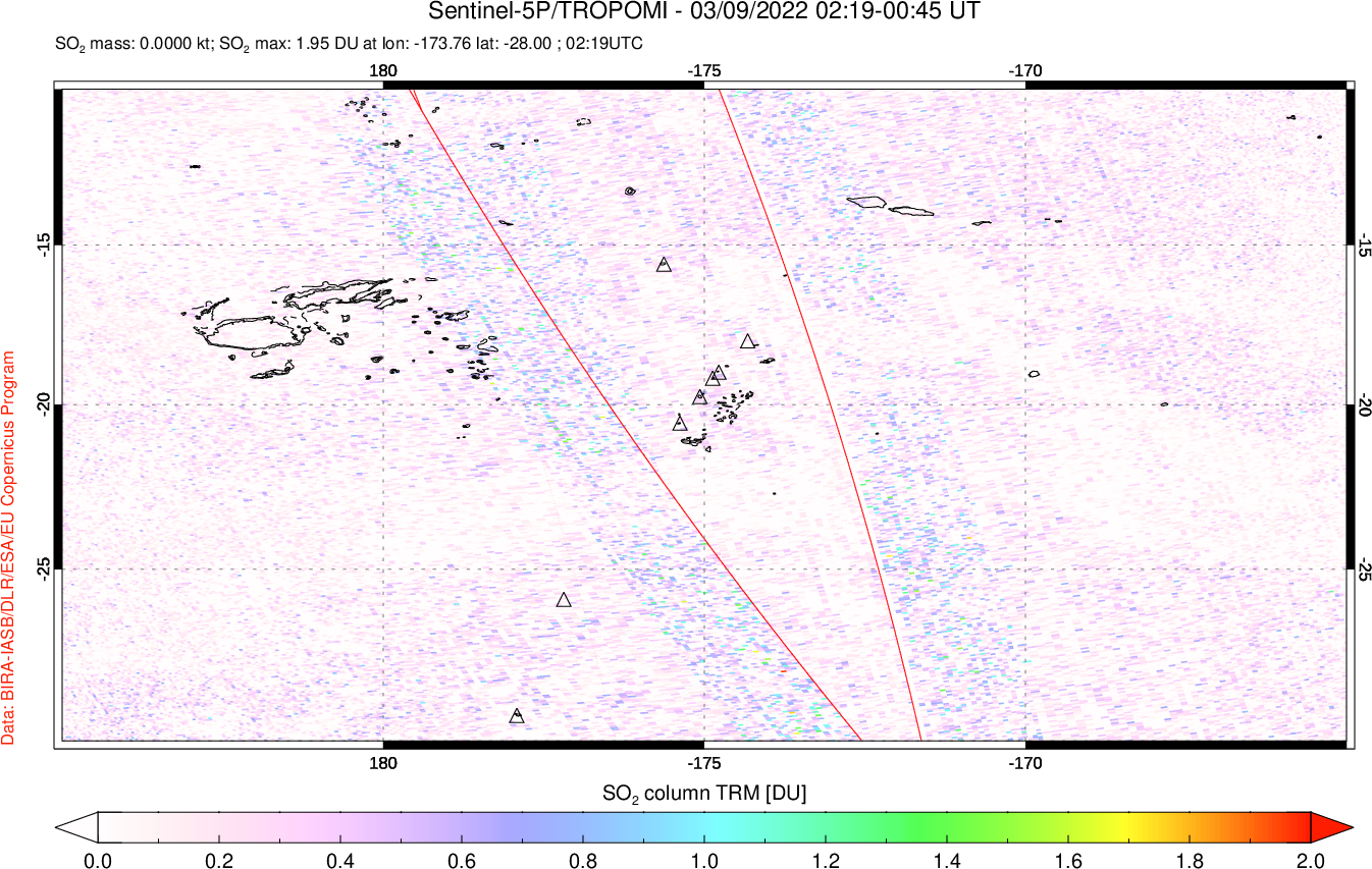 A sulfur dioxide image over Tonga, South Pacific on Mar 09, 2022.