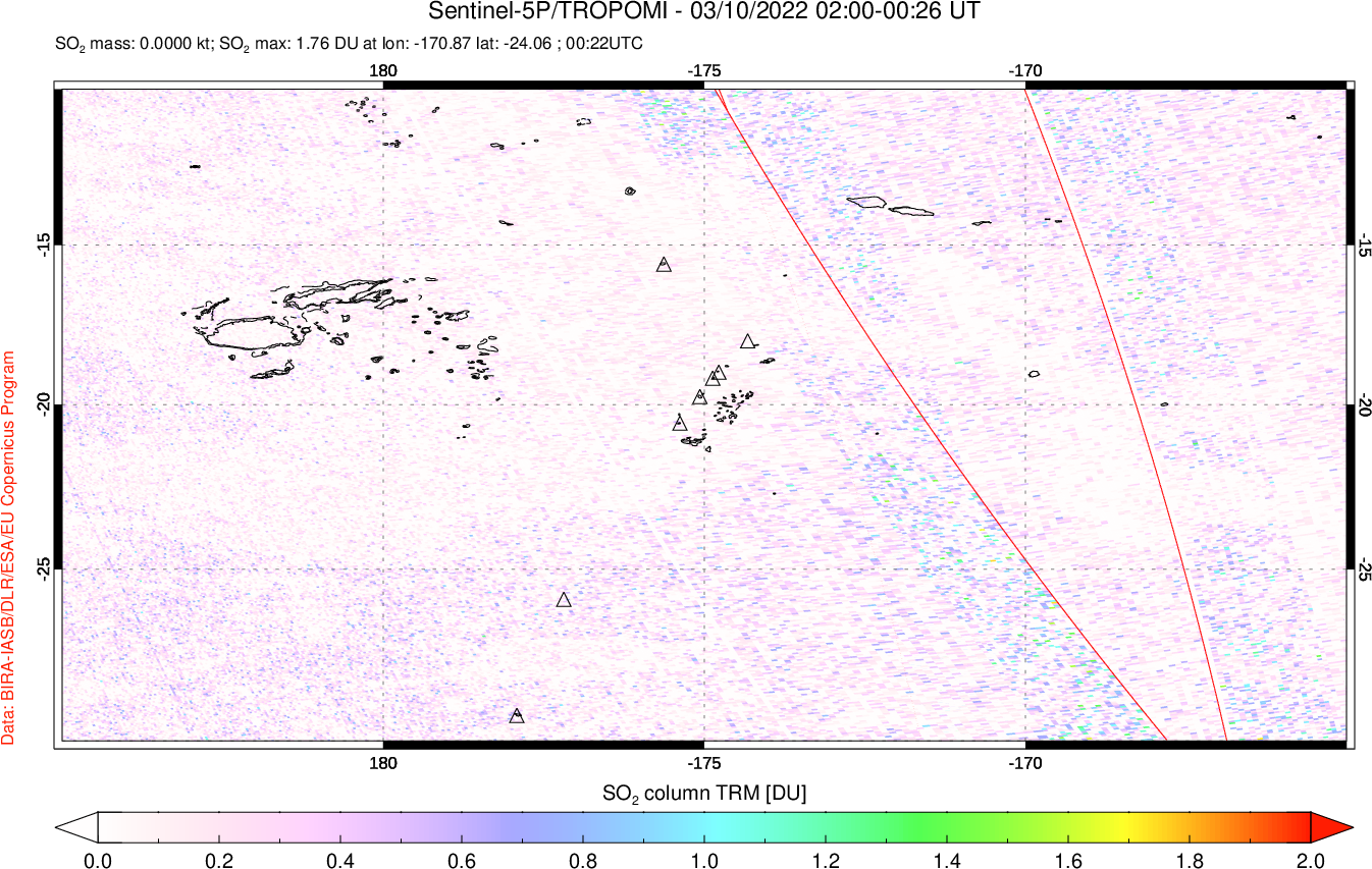 A sulfur dioxide image over Tonga, South Pacific on Mar 10, 2022.