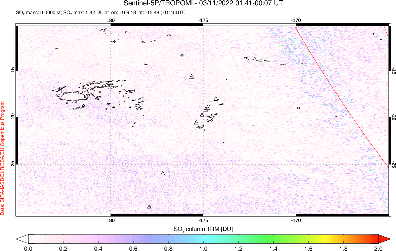 A sulfur dioxide image over Tonga, South Pacific on Mar 11, 2022.