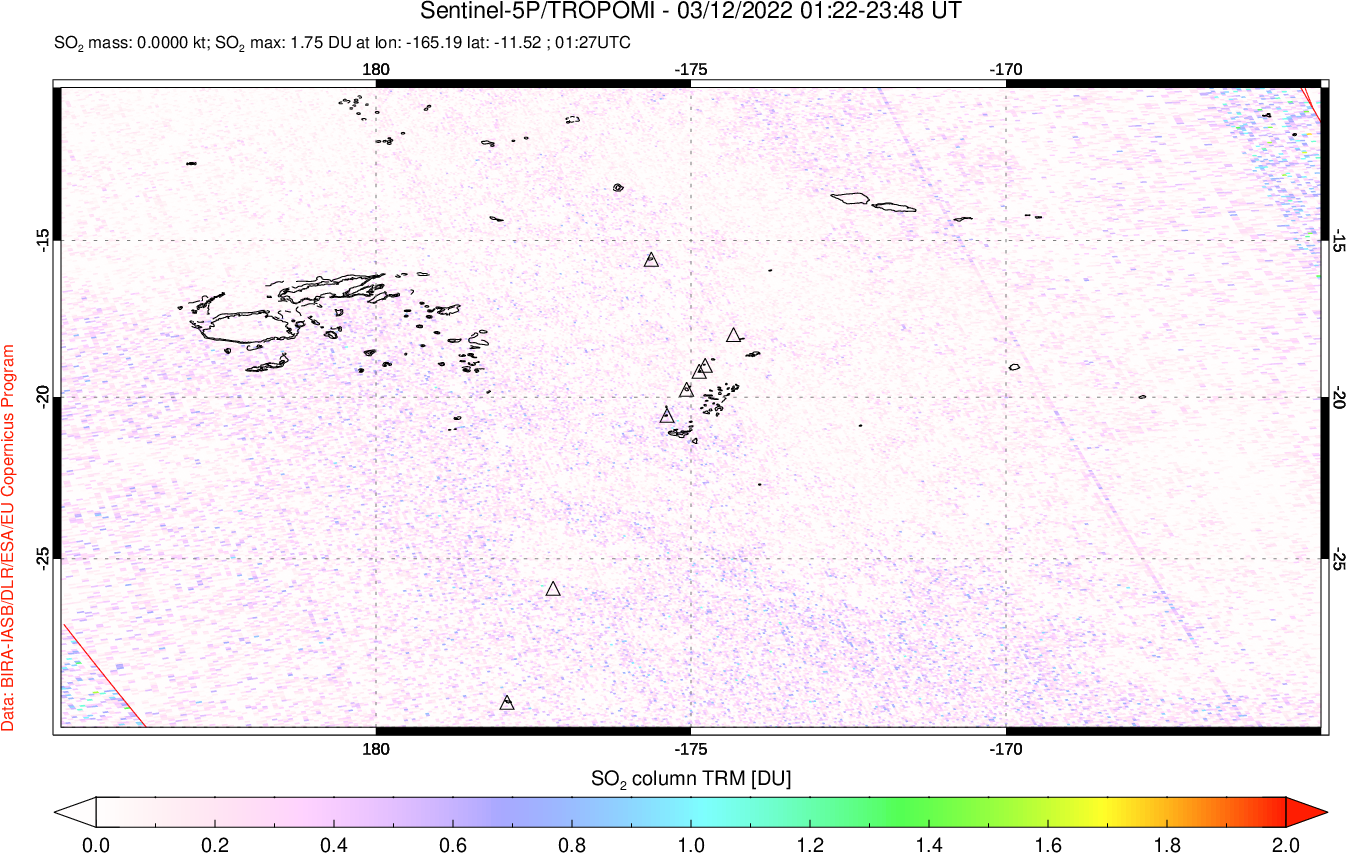 A sulfur dioxide image over Tonga, South Pacific on Mar 12, 2022.