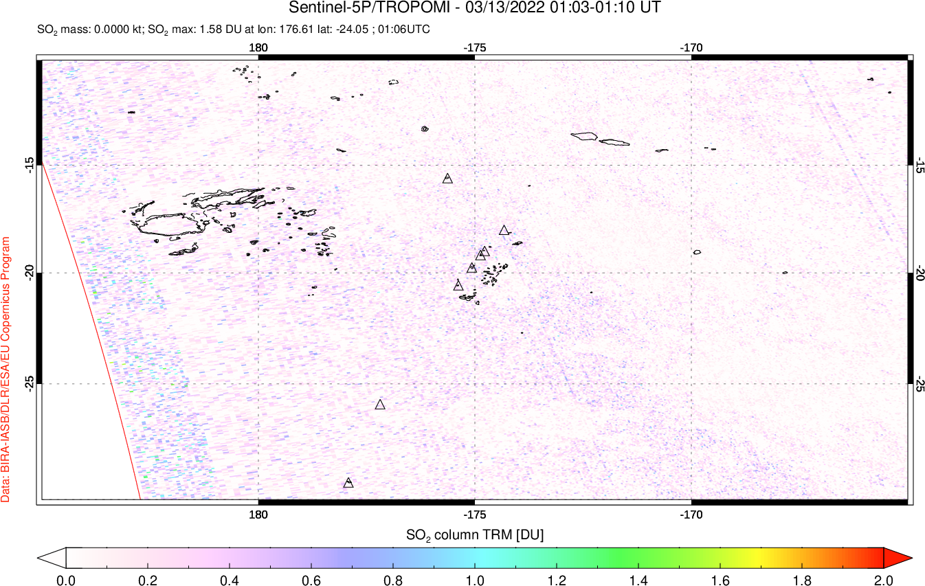 A sulfur dioxide image over Tonga, South Pacific on Mar 13, 2022.