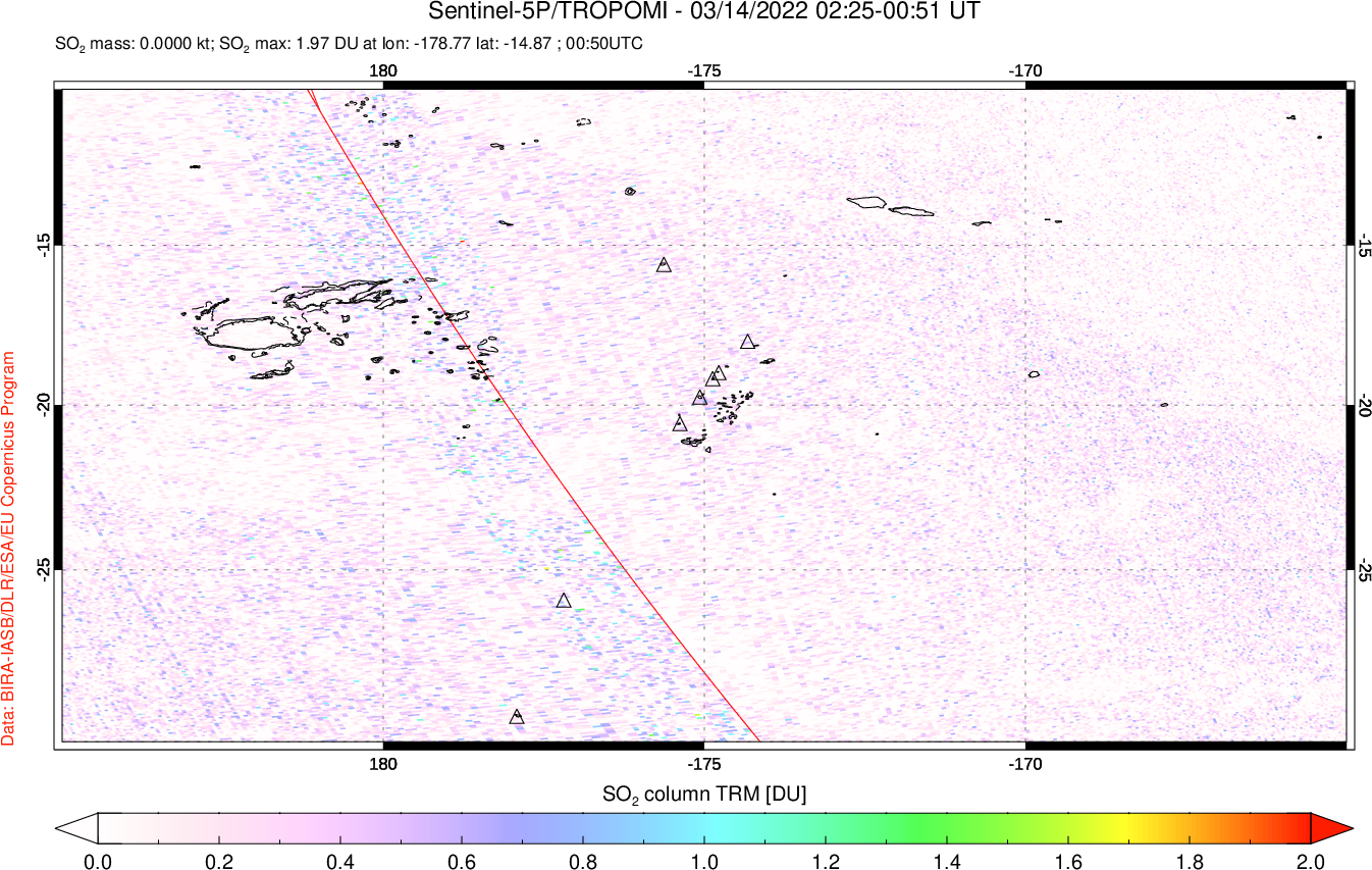 A sulfur dioxide image over Tonga, South Pacific on Mar 14, 2022.
