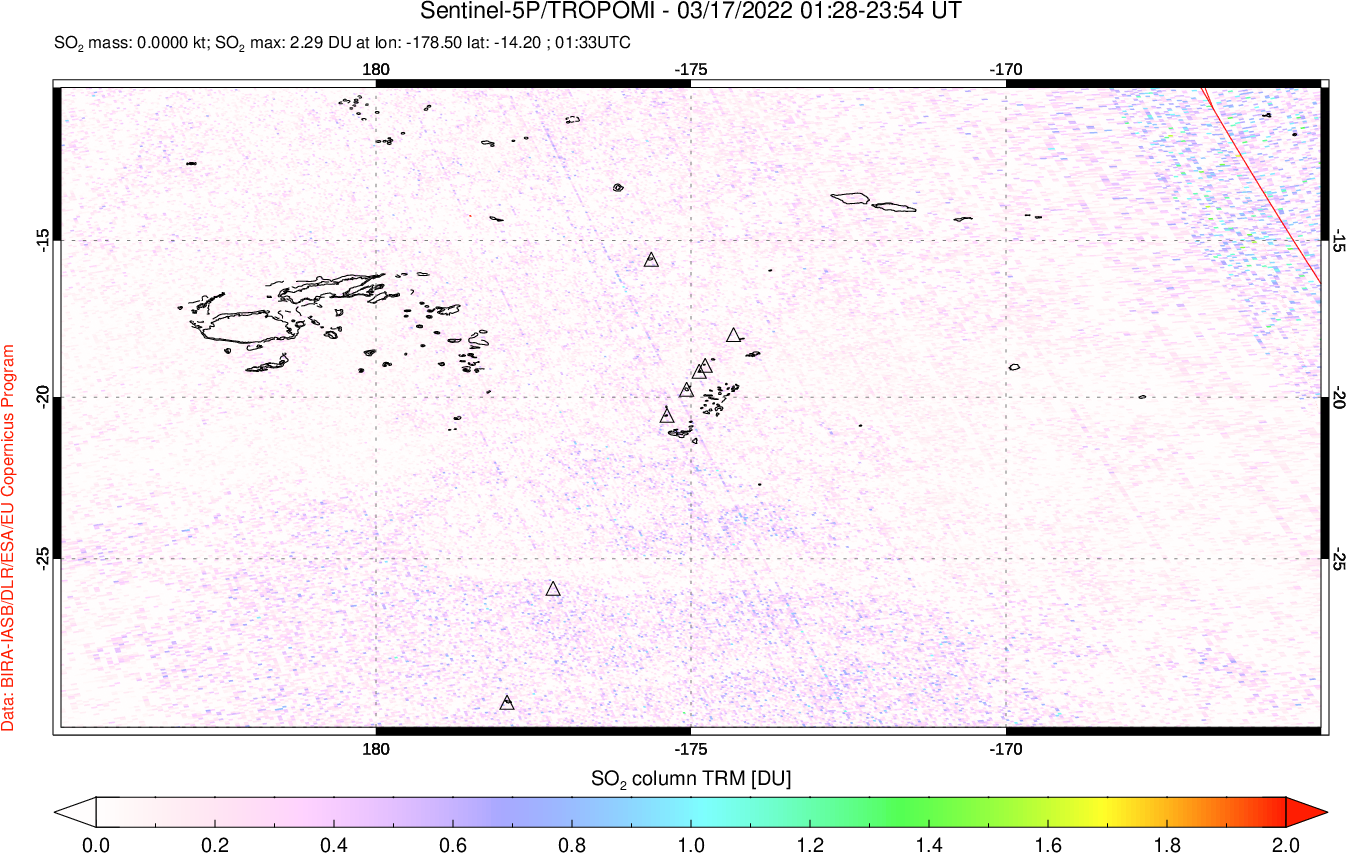 A sulfur dioxide image over Tonga, South Pacific on Mar 17, 2022.