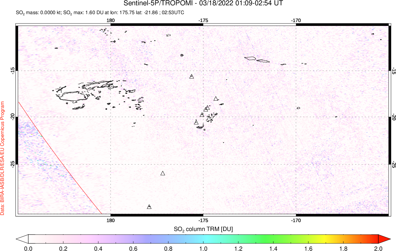 A sulfur dioxide image over Tonga, South Pacific on Mar 18, 2022.