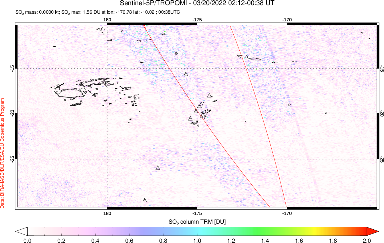 A sulfur dioxide image over Tonga, South Pacific on Mar 20, 2022.