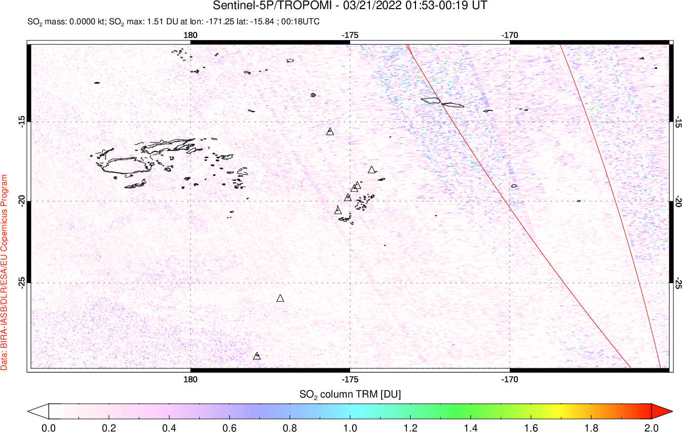 A sulfur dioxide image over Tonga, South Pacific on Mar 21, 2022.