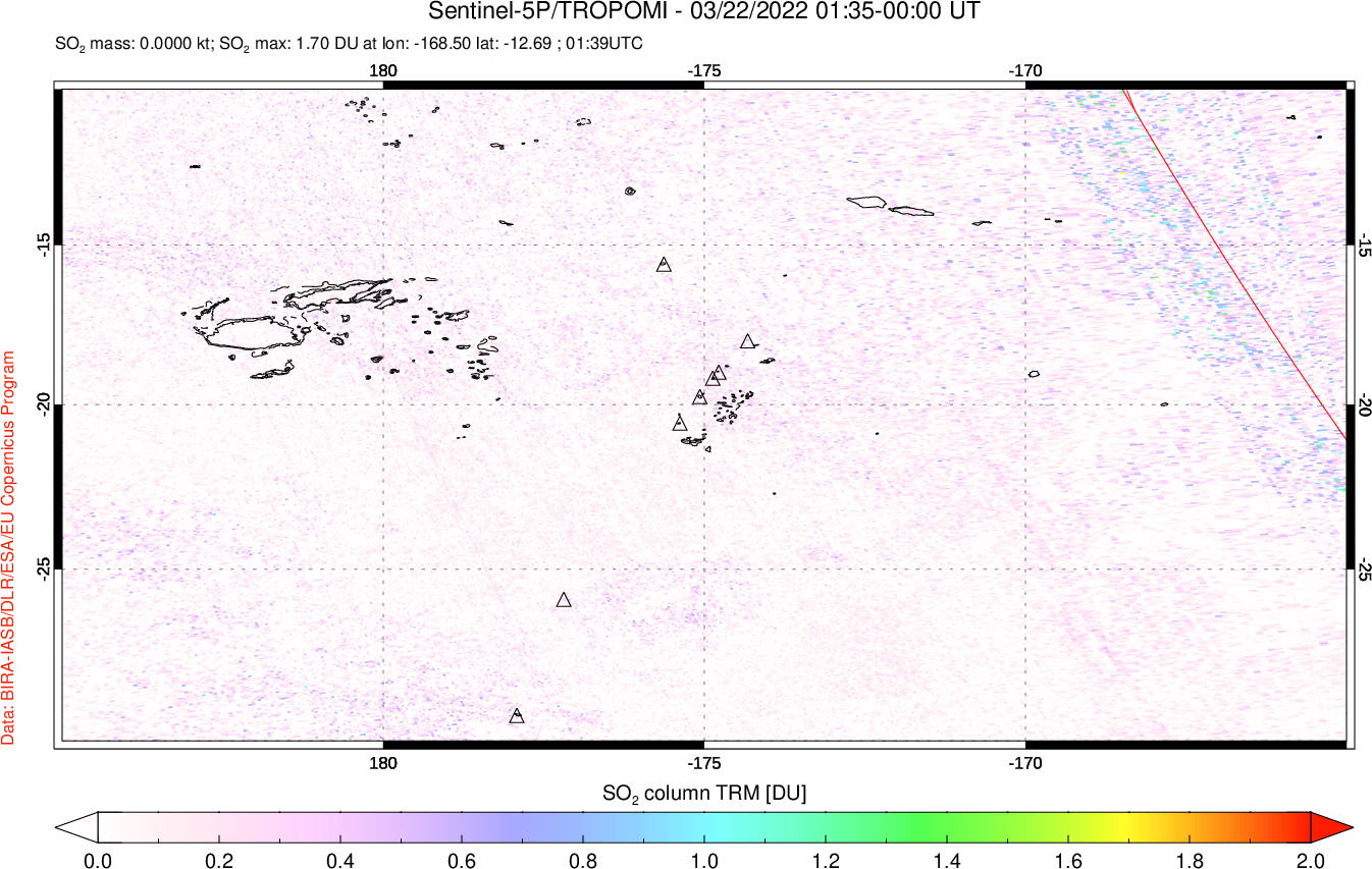 A sulfur dioxide image over Tonga, South Pacific on Mar 22, 2022.