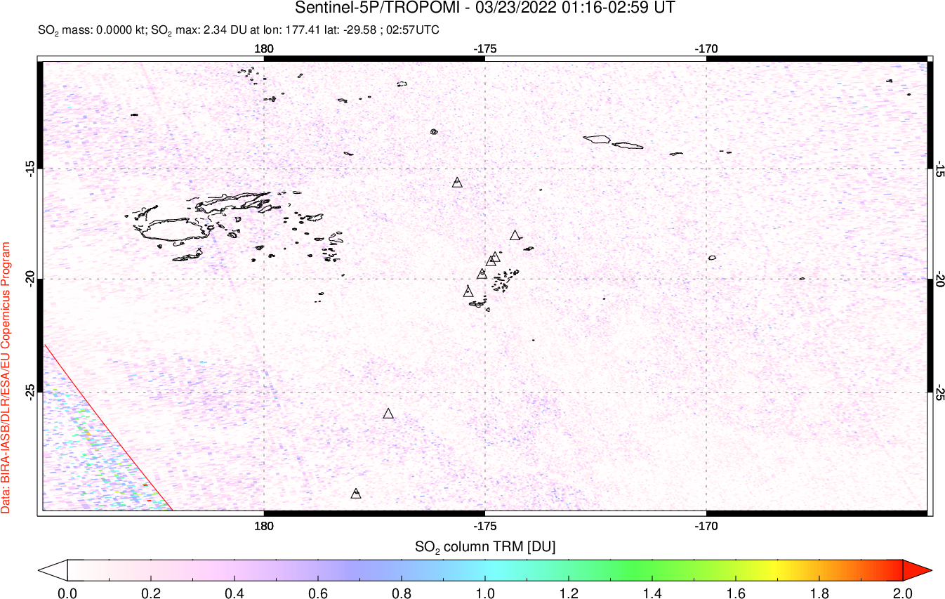 A sulfur dioxide image over Tonga, South Pacific on Mar 23, 2022.