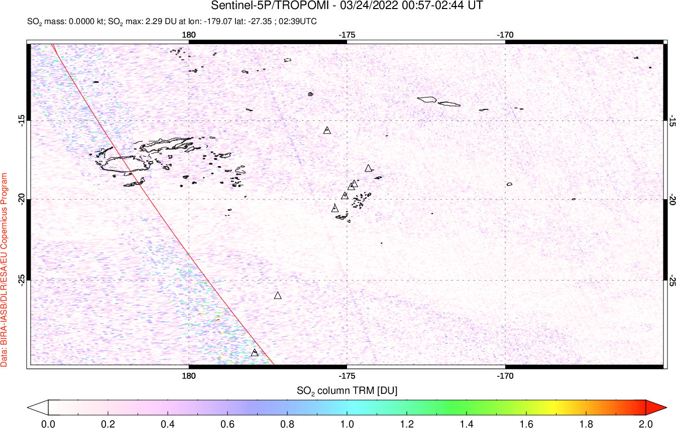 A sulfur dioxide image over Tonga, South Pacific on Mar 24, 2022.