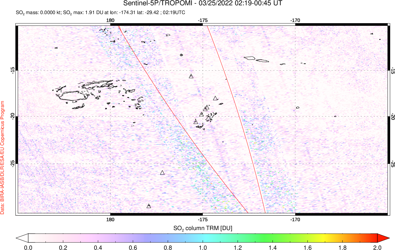 A sulfur dioxide image over Tonga, South Pacific on Mar 25, 2022.