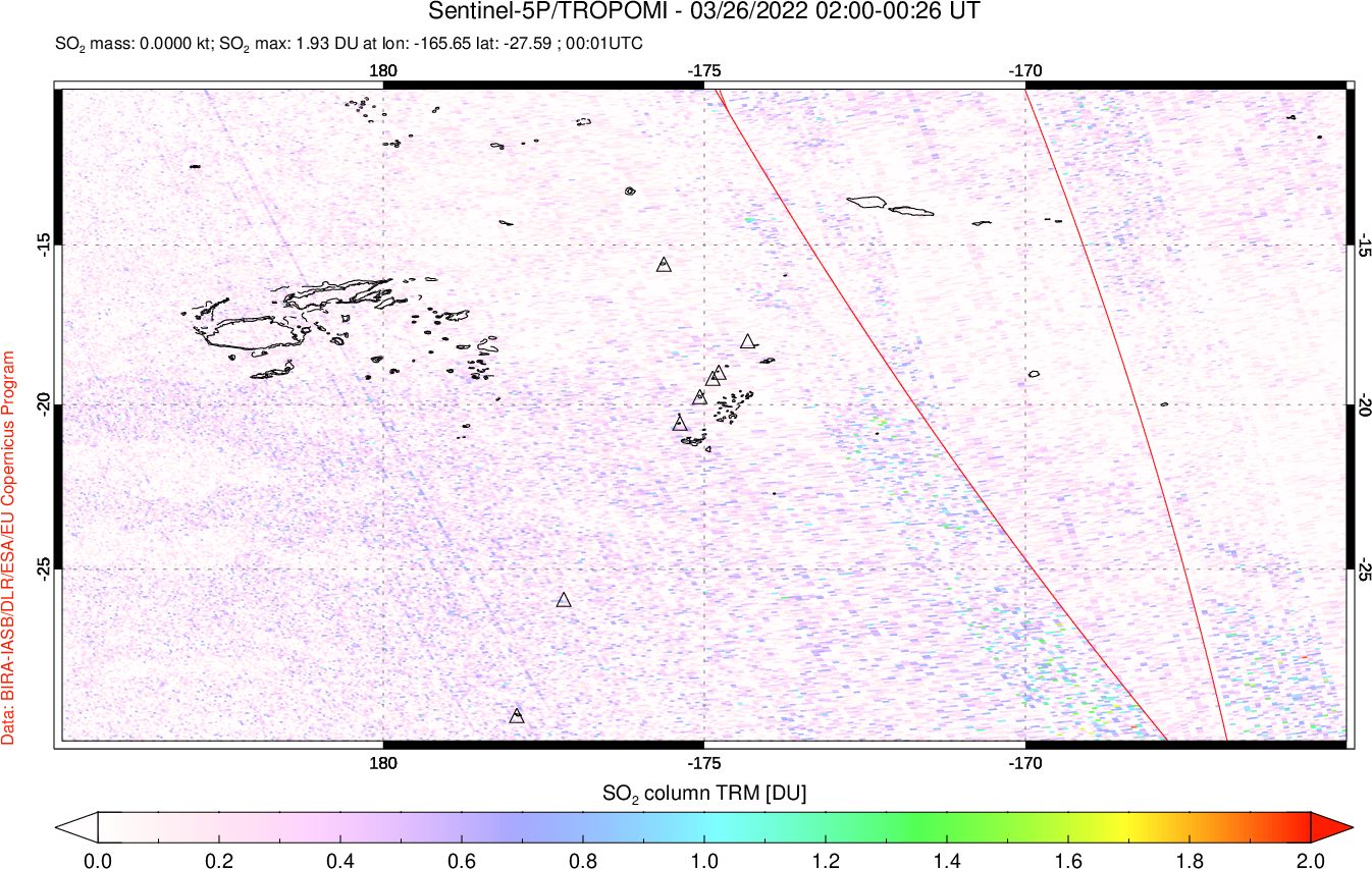 A sulfur dioxide image over Tonga, South Pacific on Mar 26, 2022.