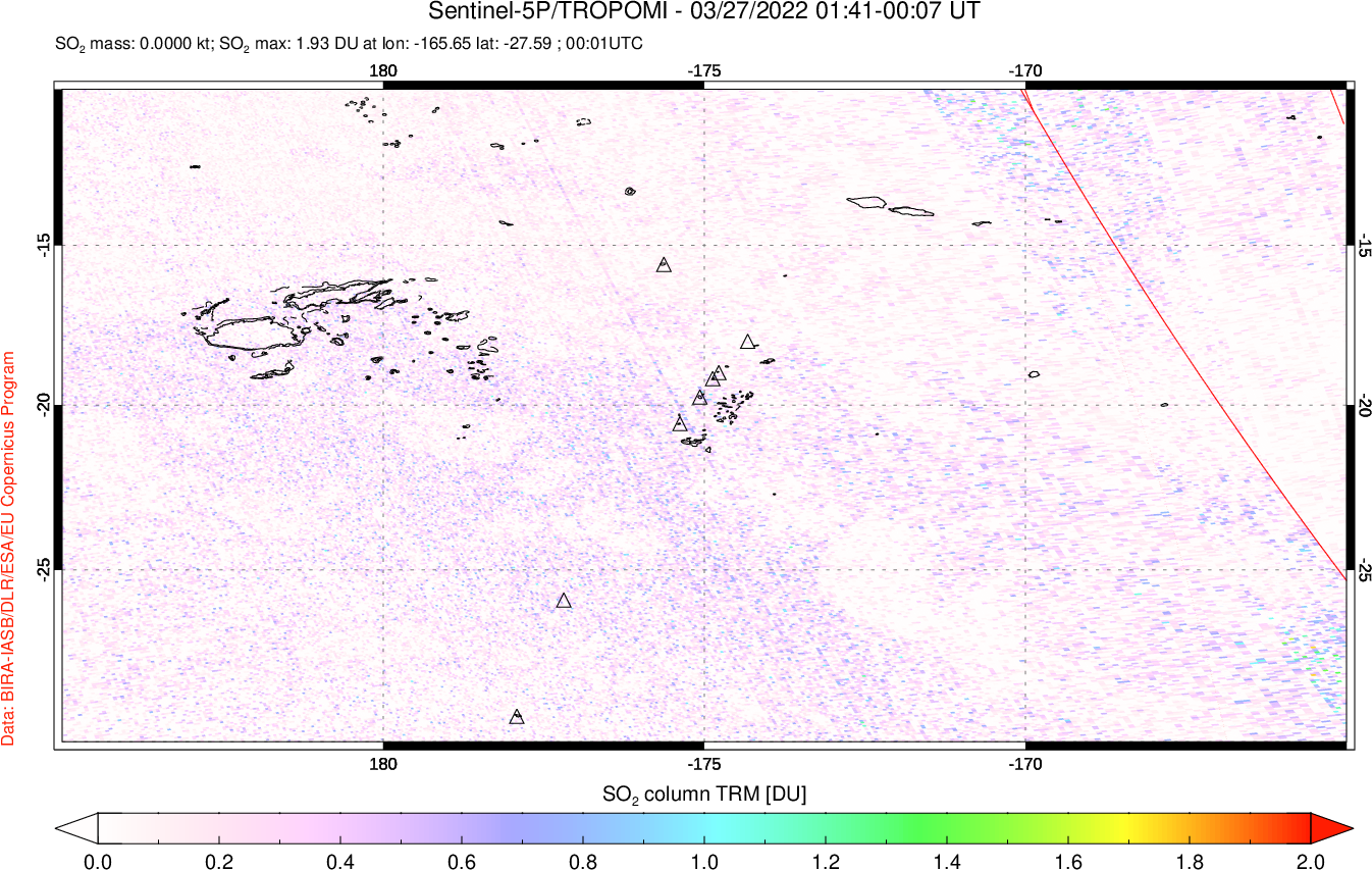 A sulfur dioxide image over Tonga, South Pacific on Mar 27, 2022.
