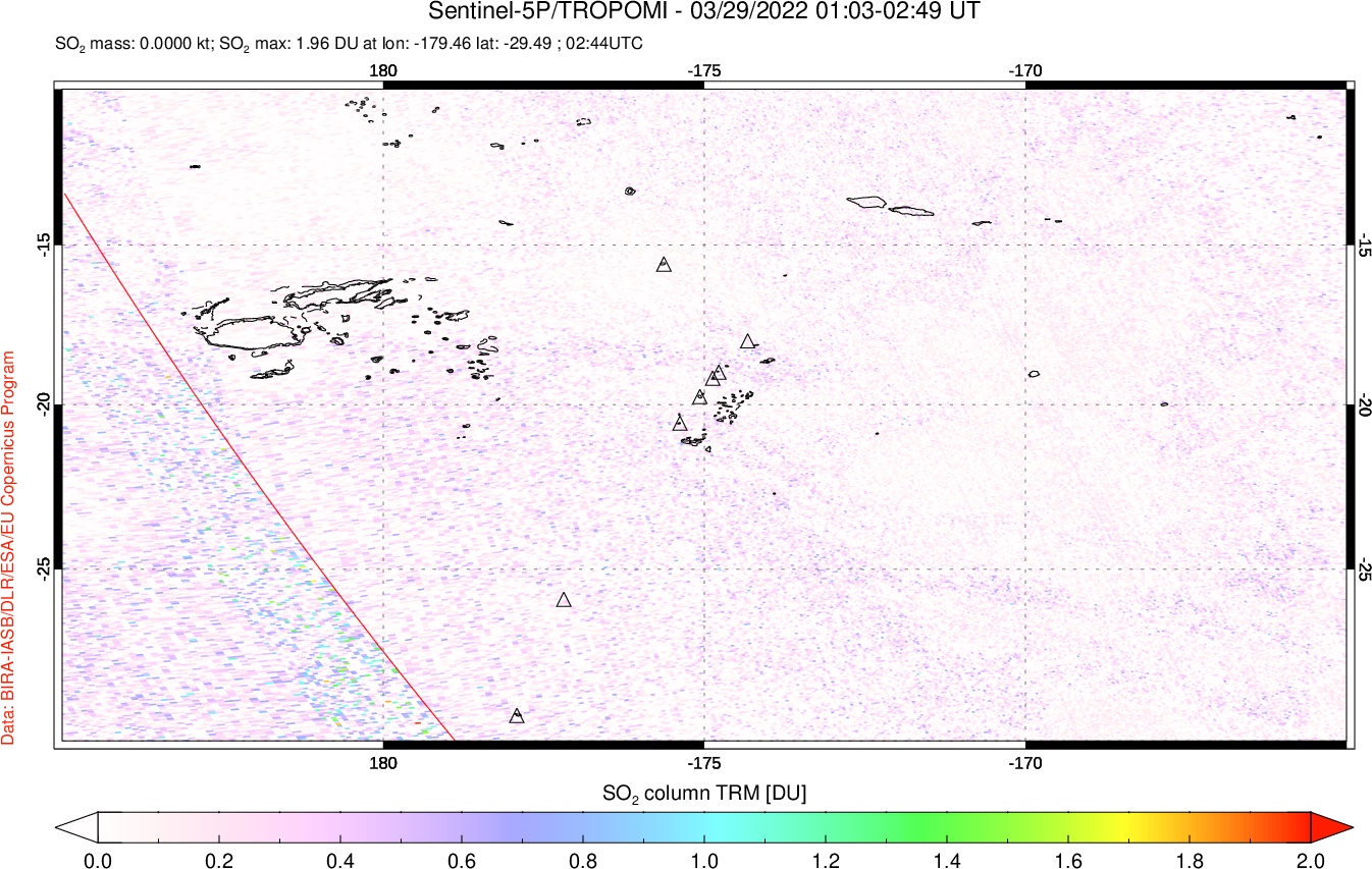 A sulfur dioxide image over Tonga, South Pacific on Mar 29, 2022.