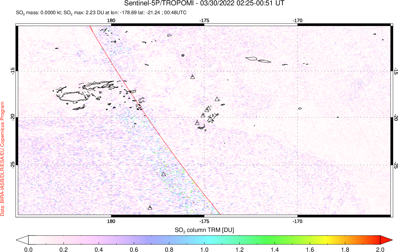 A sulfur dioxide image over Tonga, South Pacific on Mar 30, 2022.