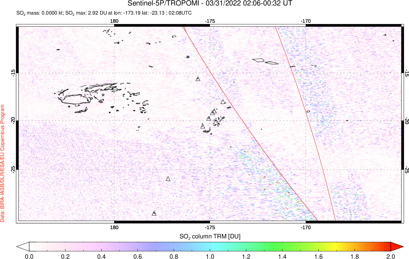 A sulfur dioxide image over Tonga, South Pacific on Mar 31, 2022.