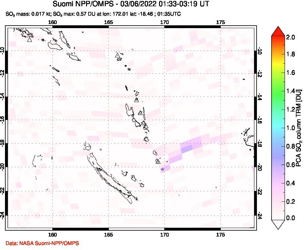 A sulfur dioxide image over Vanuatu, South Pacific on Mar 06, 2022.
