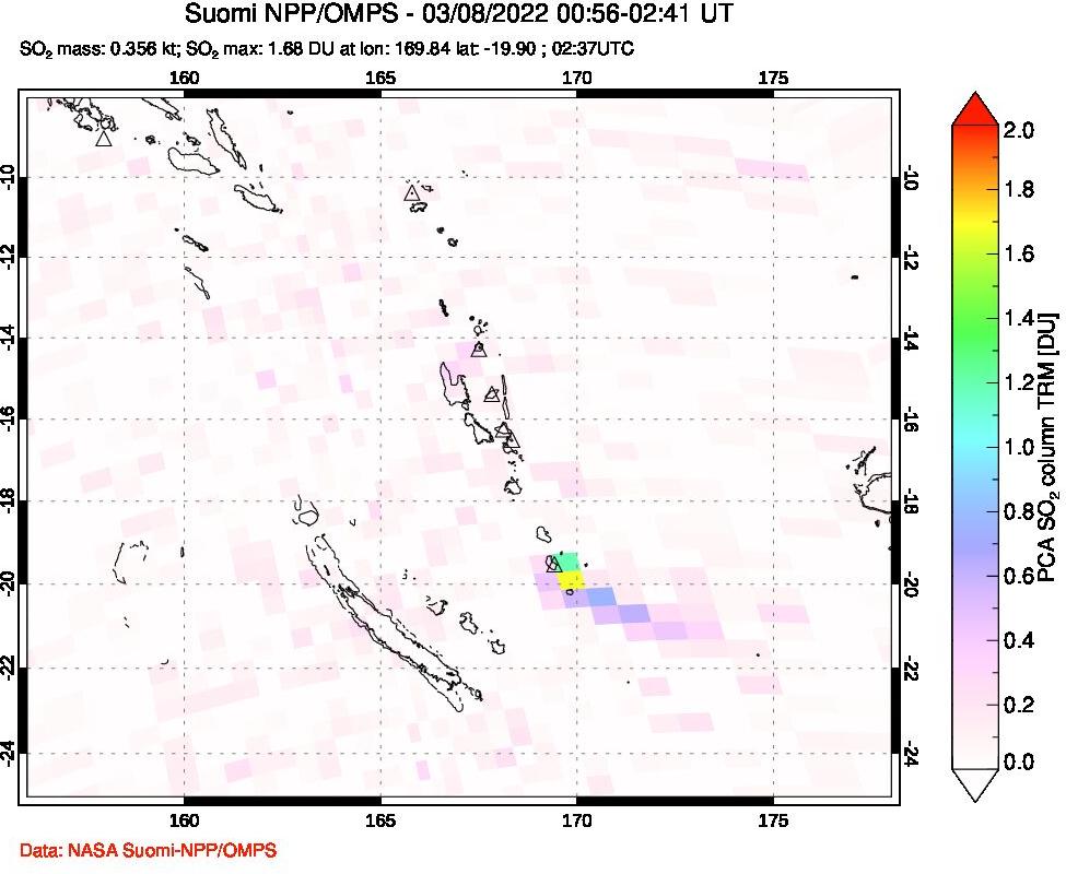 A sulfur dioxide image over Vanuatu, South Pacific on Mar 08, 2022.