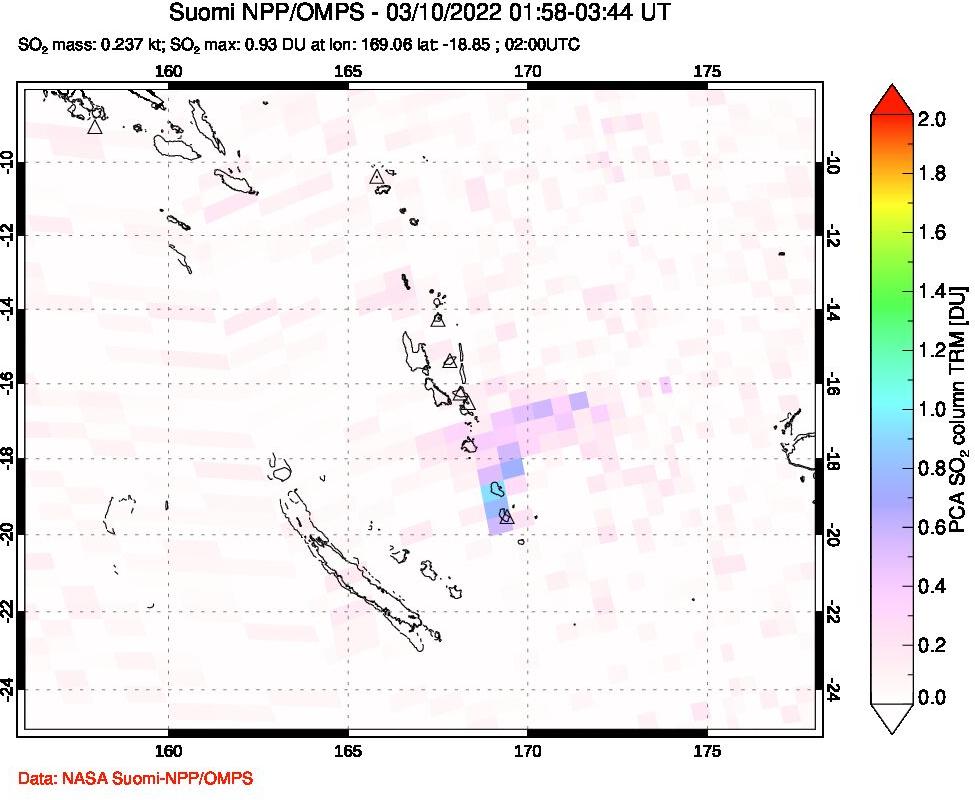 A sulfur dioxide image over Vanuatu, South Pacific on Mar 10, 2022.