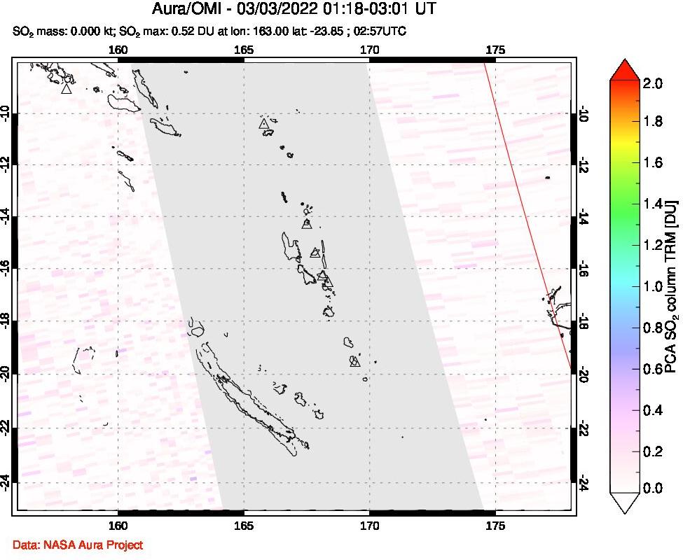 A sulfur dioxide image over Vanuatu, South Pacific on Mar 03, 2022.