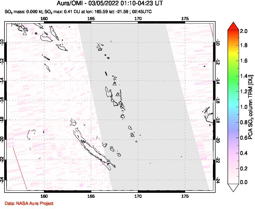 A sulfur dioxide image over Vanuatu, South Pacific on Mar 05, 2022.