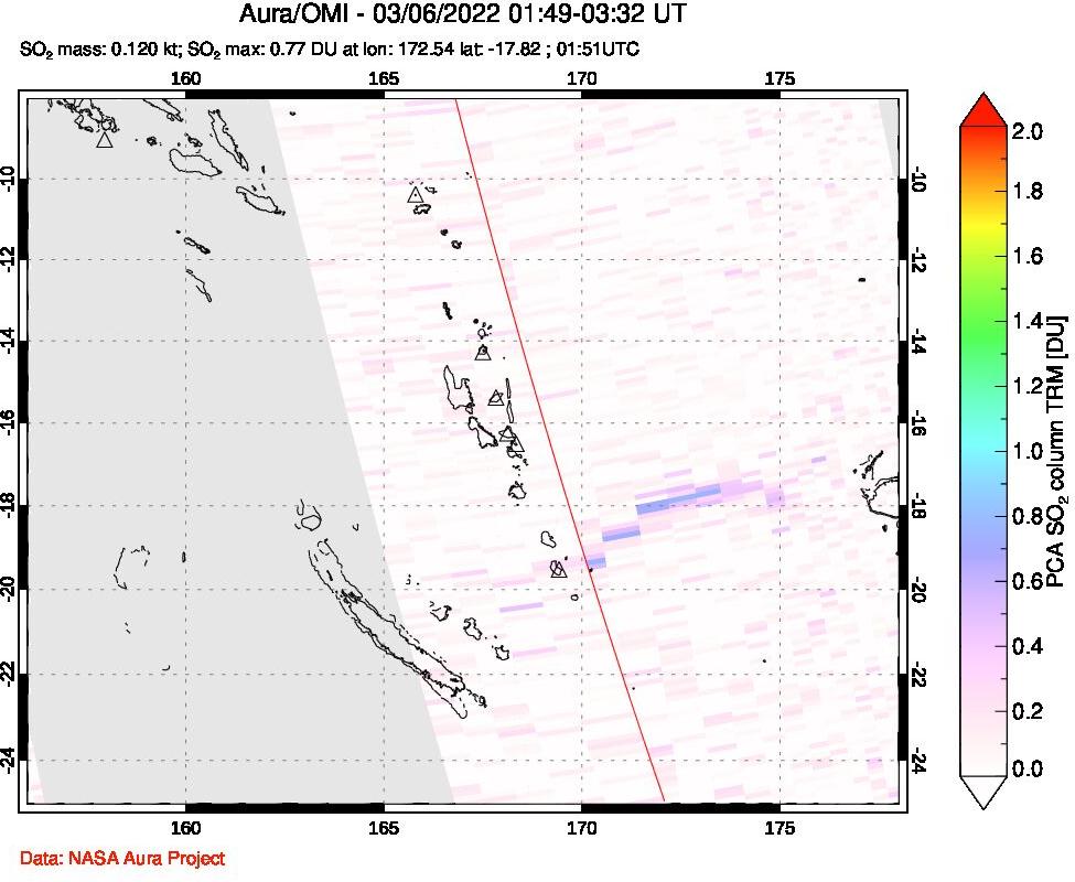 A sulfur dioxide image over Vanuatu, South Pacific on Mar 06, 2022.