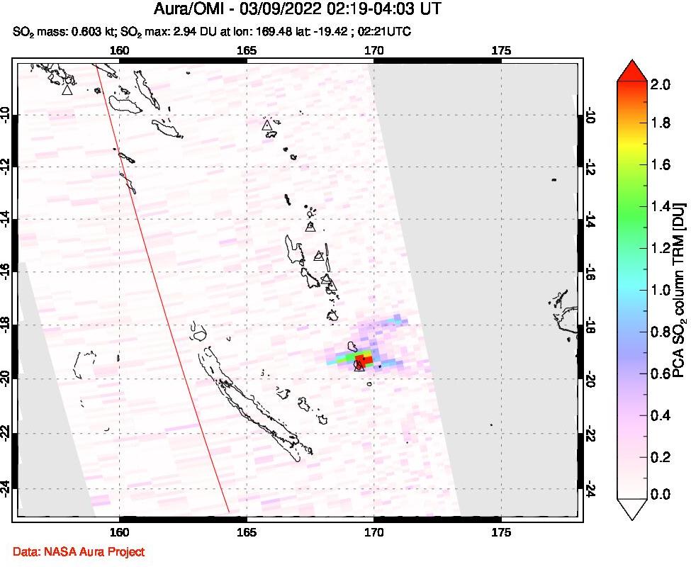 A sulfur dioxide image over Vanuatu, South Pacific on Mar 09, 2022.
