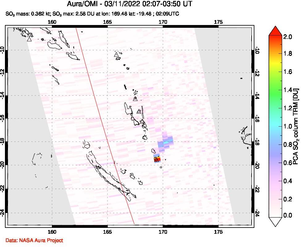 A sulfur dioxide image over Vanuatu, South Pacific on Mar 11, 2022.