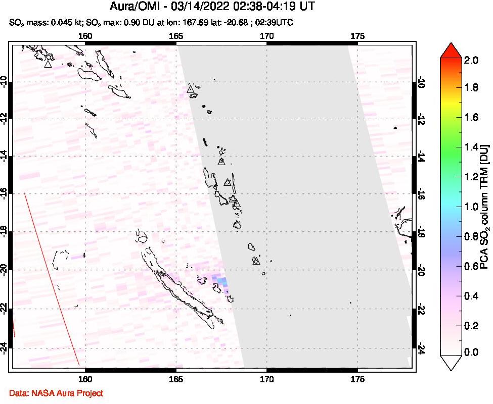 A sulfur dioxide image over Vanuatu, South Pacific on Mar 14, 2022.