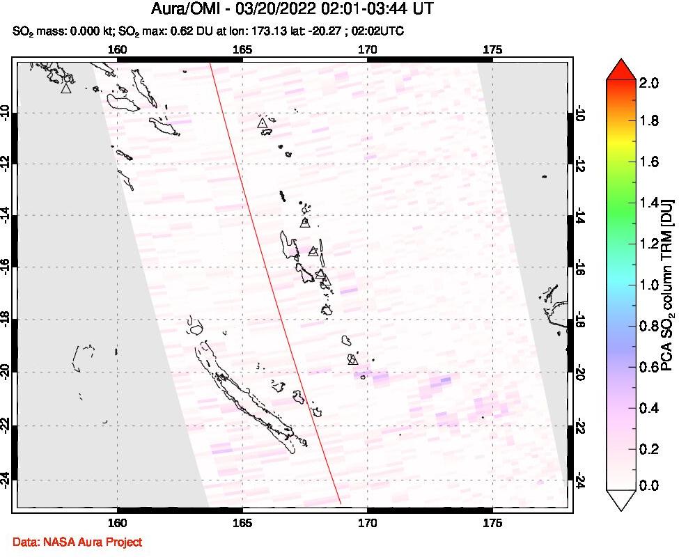 A sulfur dioxide image over Vanuatu, South Pacific on Mar 20, 2022.