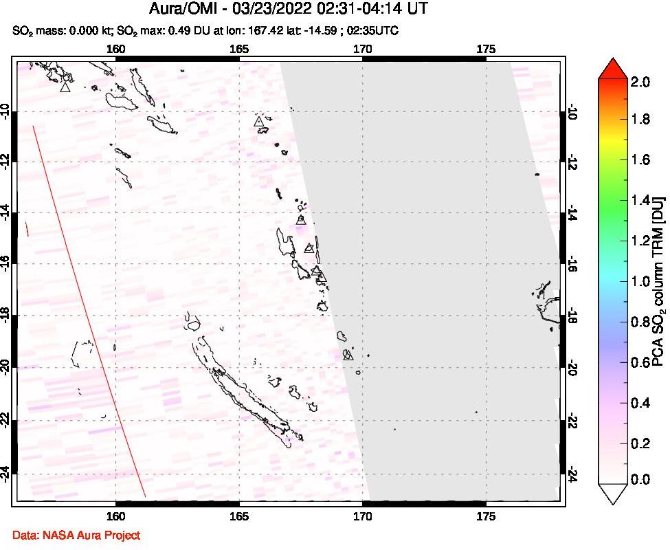 A sulfur dioxide image over Vanuatu, South Pacific on Mar 23, 2022.