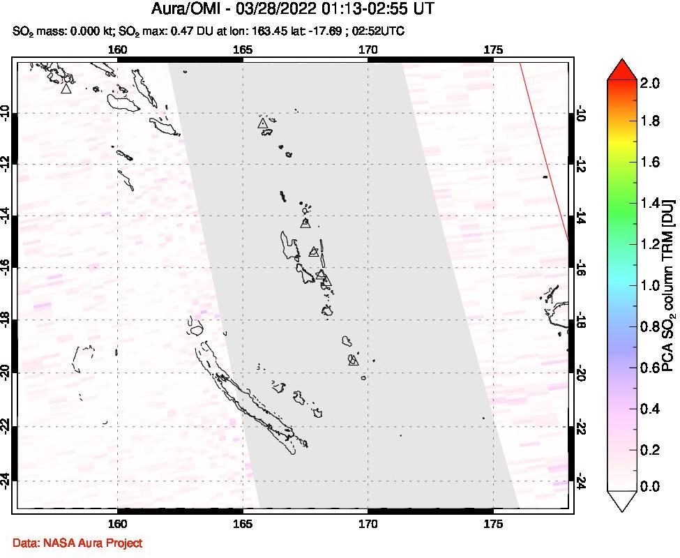 A sulfur dioxide image over Vanuatu, South Pacific on Mar 28, 2022.
