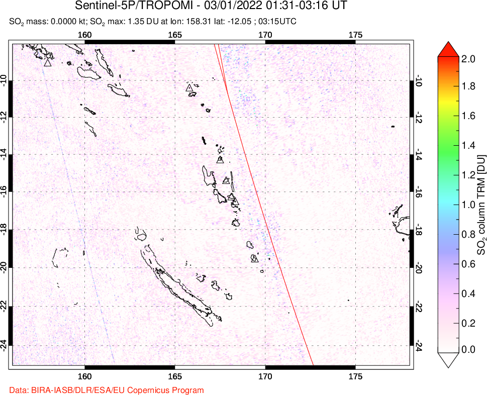 A sulfur dioxide image over Vanuatu, South Pacific on Mar 01, 2022.