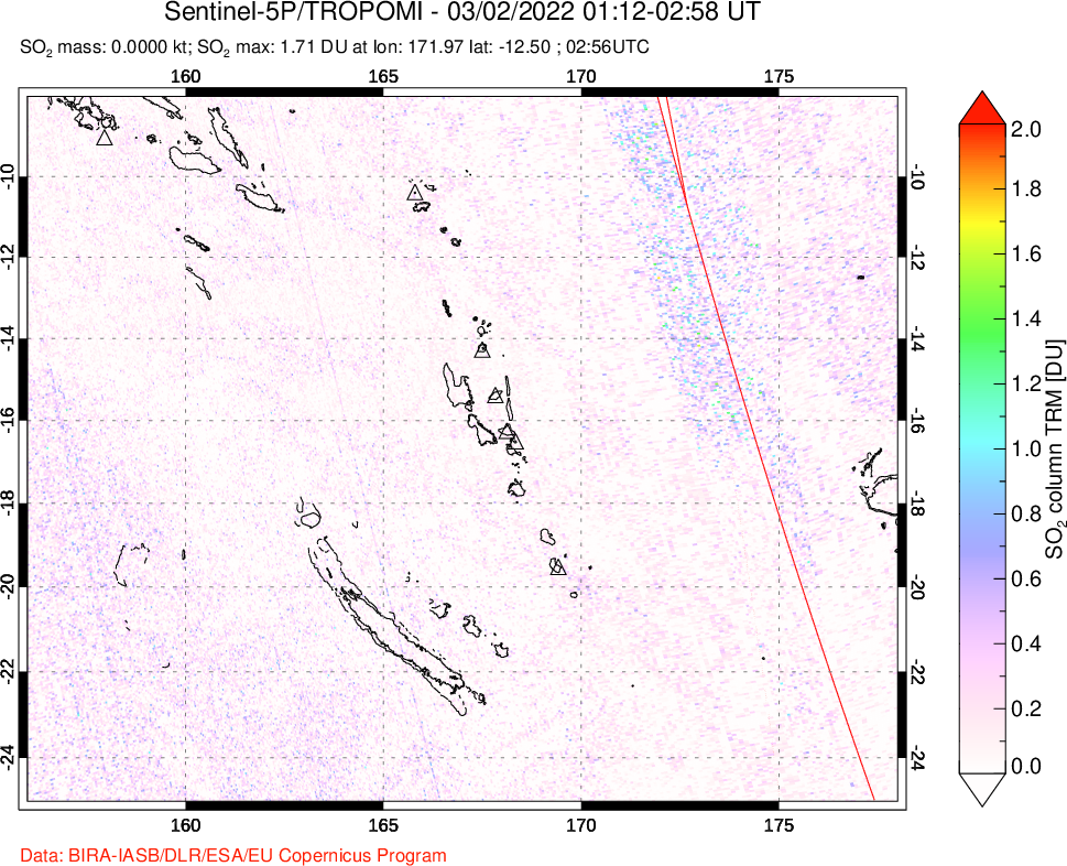 A sulfur dioxide image over Vanuatu, South Pacific on Mar 02, 2022.