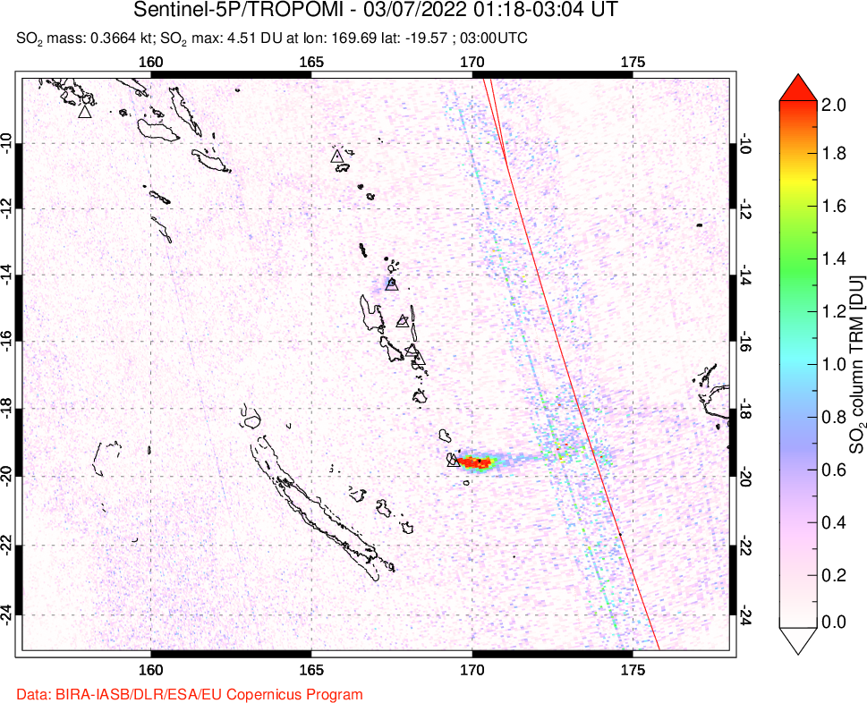 A sulfur dioxide image over Vanuatu, South Pacific on Mar 07, 2022.