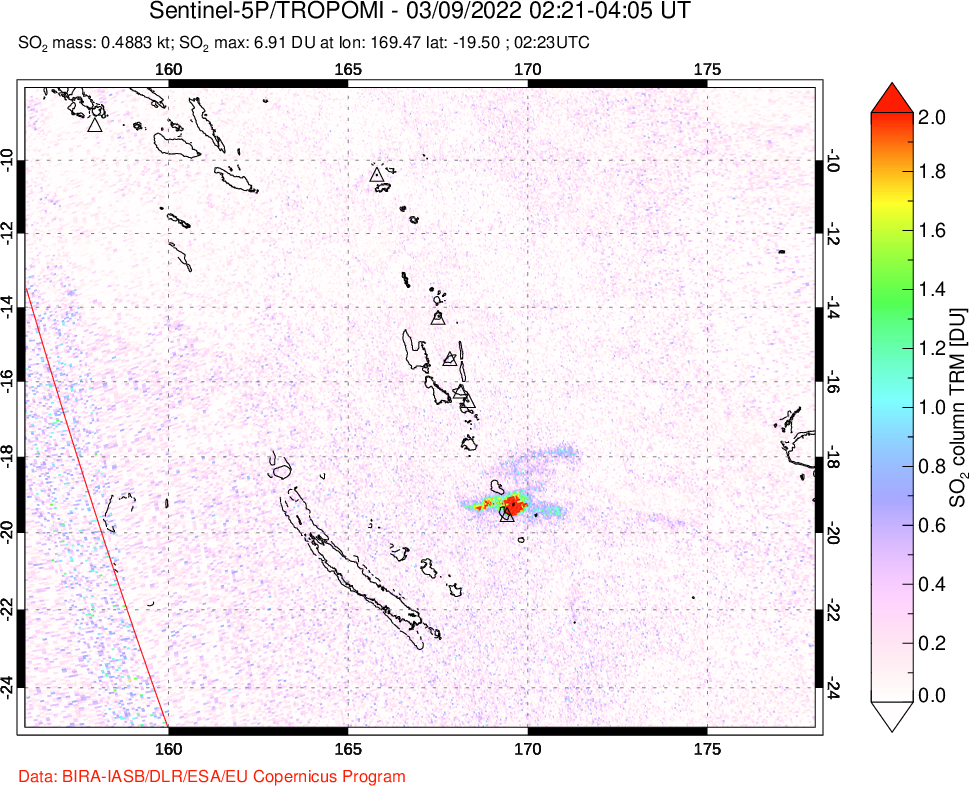 A sulfur dioxide image over Vanuatu, South Pacific on Mar 09, 2022.