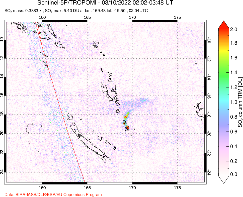 A sulfur dioxide image over Vanuatu, South Pacific on Mar 10, 2022.
