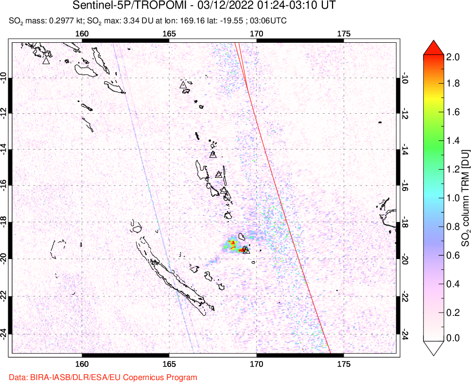 A sulfur dioxide image over Vanuatu, South Pacific on Mar 12, 2022.