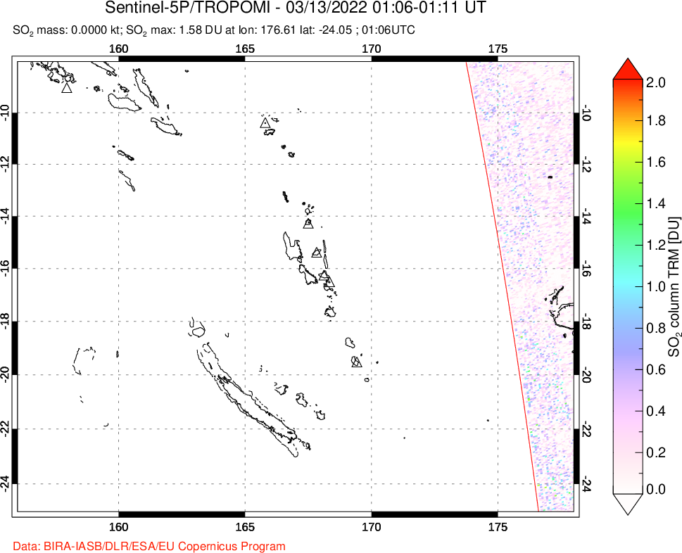 A sulfur dioxide image over Vanuatu, South Pacific on Mar 13, 2022.