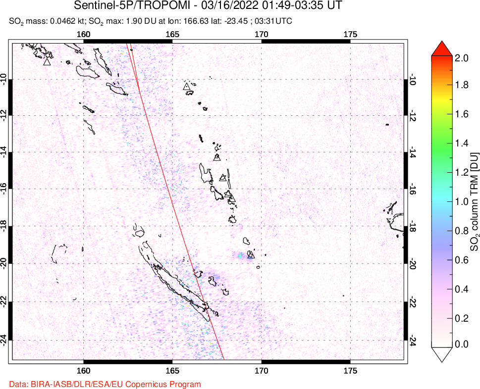 A sulfur dioxide image over Vanuatu, South Pacific on Mar 16, 2022.