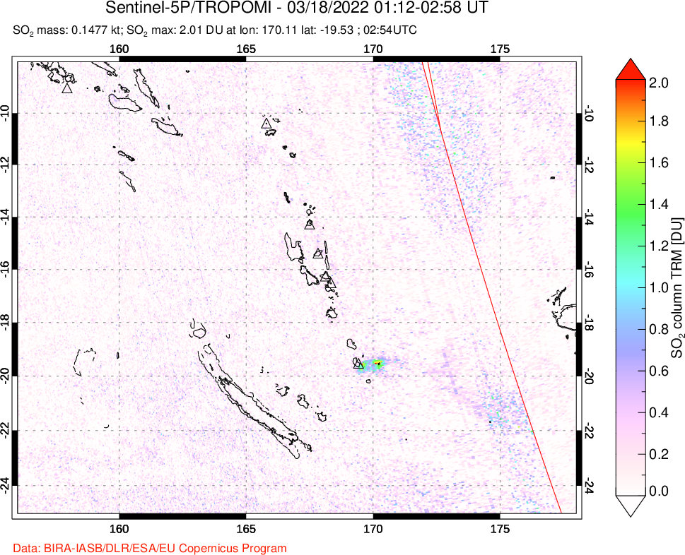 A sulfur dioxide image over Vanuatu, South Pacific on Mar 18, 2022.